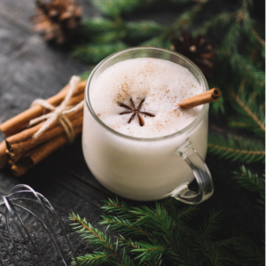 eggnog begins with the letter e, but don't drink too much as it contains alcohol
