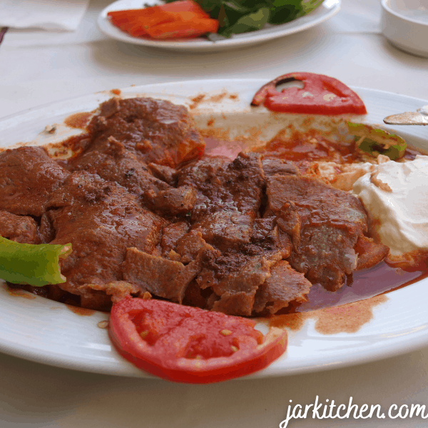 Iskender Kebab, served with tomato sauce and turkish yoghurt, looks yummy