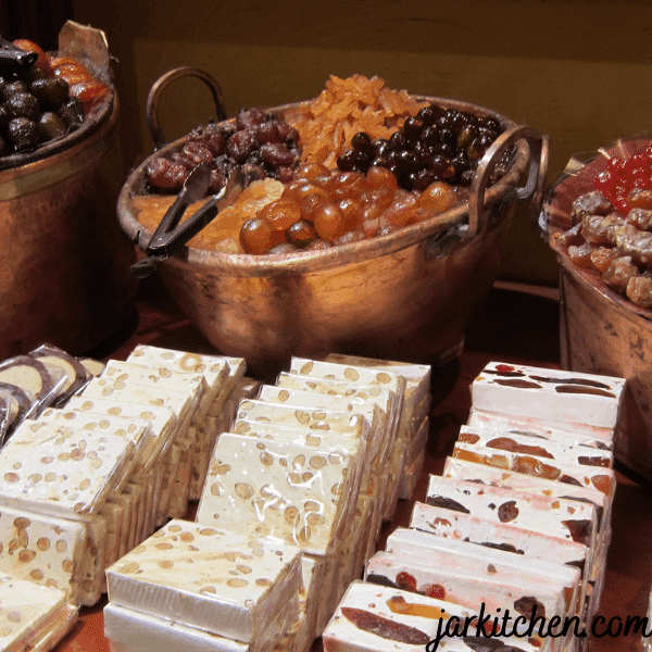 Nougat is mostly used in chocolate bars and cakes. Is chewy and sweet. 